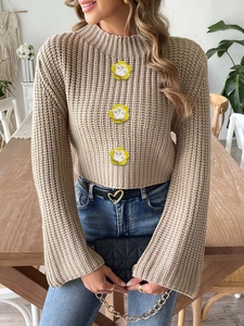 Women beige cropped knit sweater with turtleneck, flared sleeves and crochet flower details