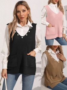 Gilet di Maglia da Donna Casual con Scollo a V Künstliche Perle Decorate e Tasche Maglione Senza Maniche per Moda Streetwear