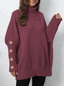 Women's Casual Loose Turtleneck Knitted Sweater Batwing Sleeve Button Cuffs Oversized Solid Color Winter Top