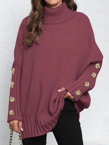 Burgundy oversized turtleneck knit sweater featuring vintage button accents on the sleeves