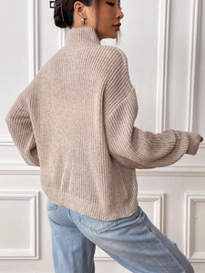 Women's heart embroidery oversized high neck sweater in light brown chunky knit style