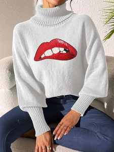 White high-neck knit sweater with sequined red lips embroidery and long ribbed cuffs