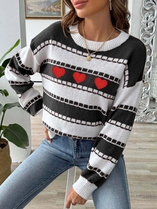 Women's striped crewneck knit sweater with red heart embroidery and color block pattern