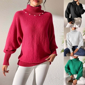 Detail of high collar knit sweater with pearl accents and batwing sleeves in multiple colors