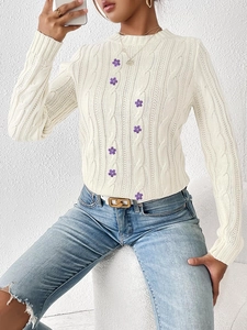Women's Long Sleeve Cable Knit Sweater Floral Embroidered Round Neck Pullover Jumper Casual Fall Winter Top