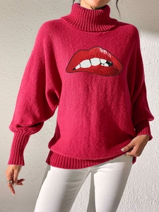 Women's rose red turtleneck sweater featuring sequined cartoon red lips embroidery design