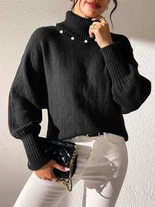 Women's black high neck knit sweater with pearl collar and long ribbed cuffs top