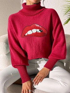 Red high neck knit sweater with sequin lip embroidery and loose lantern sleeves
