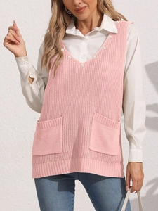 Gilet in maglia rosa con scollo a V, decorazioni di perle e due tasche da donna