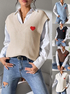 Chaleco de Punto para Mujer con Cuello en V y Parche de Bordado de Corazón Suéter sin Mangas Top