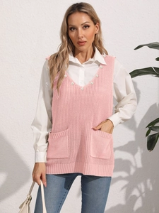Gilet da donna in maglia rosa con scollo a V, perle decorative e doppie tasche