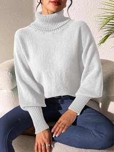 Women's white high-neck sweater with pearl beads and elegant lantern sleeves for autumn