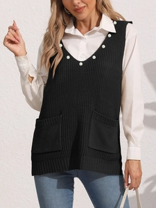 Gilet in maglia nera da donna con scollo a V, decorazione di perle e doppie tasche