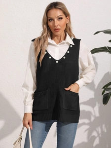 Gilet in maglia con scollo a V da donna con perle e doppie tasche anteriori