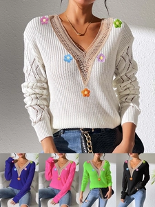 Women V Neck Crochet Lace Patchwork Sweater 3D Floral Long Sleeve Pointelle Knit Pullover Casual Streetwear Knitwear Top