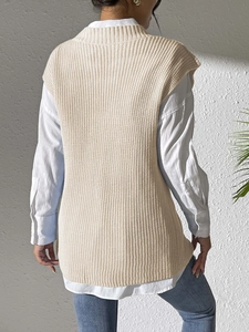 Beige knit V-neck sweater vest with heart embroidery shown from back and side views