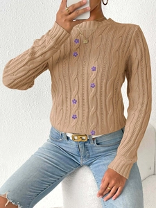 Women's cable knit crewneck sweater in khaki featuring textured embroidery and long sleeves