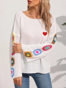 Women's off-shoulder knit sweater with colorful crochet floral sleeves and heart embroidery