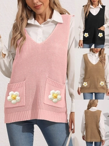 Women V-Neck Knit Vest Sleeveless Sweater With 3D Crochet Flower Pockets Casual Solid Color Loose Pullover Waistcoat Top