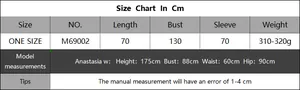 Tableau des tailles détaillé pour cardigan en maille au crochet pour femme avec mesures en cm