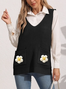 Women's V-neck black knit vest with floral pockets and comfortable loose fit style