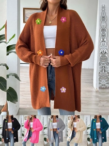 Gilet en maille pour femme ample au crochet fleurs patchwork manches longues ouvert devant manteau automne hiver décontracté