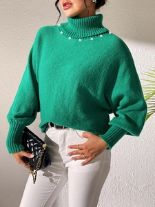 Green high neck knit sweater for women featuring elegant pearl beaded collar decoration