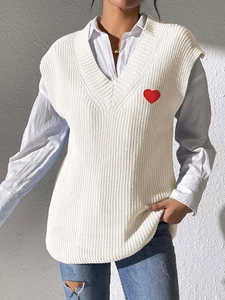 Chaleco de punto con cuello en V para mujer y bordado de corazón rojo sobre blanco