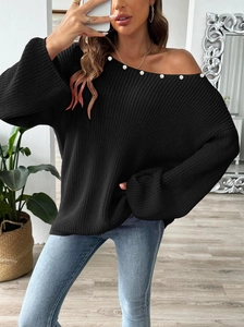 Women off-shoulder knit sweater with pearl beads, bell sleeves and loose casual fit