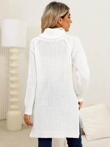 White high collar thick knit sweater dress with textured pattern and long sleeves for women