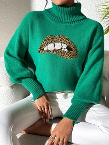 Emerald green turtleneck sweater with leopard lip sequins embroidery and dropped shoulders