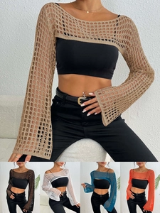 Women Hollow Out Crochet Shrug Sexy Long Sleeve Mesh Net Bolero Top Boho Beachwear Knit Crop Top For Casual Fashion Style