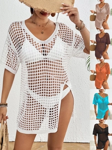 Femmes Cache-Maillot de Plage au Crochet Ajouré Col en V Fente Latérale Manches Courtes Bikini Robe en Maille Vacances d'Été