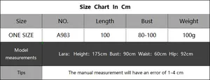Detailed size chart for crochet beach dress showing length and bust measurements