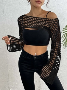 Women's black crochet mesh shrug beach cover-up with stylish flared long sleeves