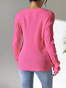 Women's rose pink lace knit sweater with hollow out diamond patterns on sleeves