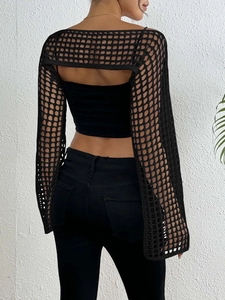 Back view of a black crochet hollow-out cover-up top featuring a wide mesh knit pattern