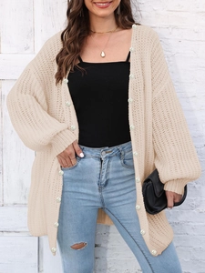 Women's cream chunky knit cardigan with elegant pearl buttons and loose casual fit