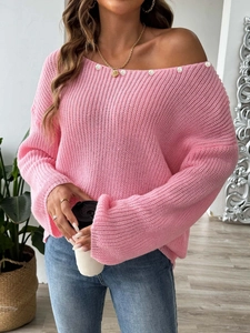 Pink off-the-shoulder knitted sweater with pearl beads and flared sleeves for women