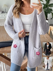 Gilet en Tricot Décontracté pour Femmes Avec Poches à Fleurs au Crochet Manches Longues Col en V Veste en Maille