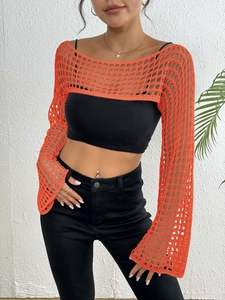 Women's bright orange crochet mesh shrug with long sleeves and hollow out beach cover-up