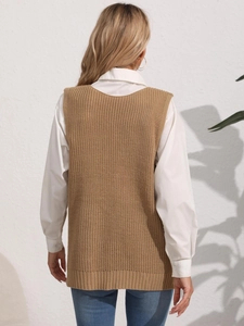 Back view of khaki knitted vest showing thick texture and ribbed hem detail