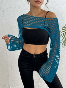 Peacock blue crochet hollow out shrug top for women with long sleeves and wide mesh knit
