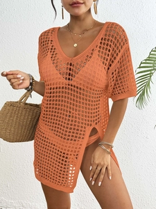 Robe de plage au crochet orange pour femme avec col en V, maille ajourée et fente latérale