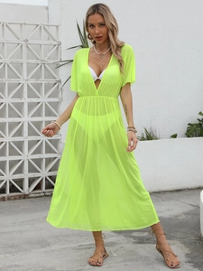 Deep V-neck mesh beach cover-up in neon yellow with high waist and side split detail