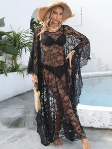 Robe de plage longue en dentelle noire pour femme avec manches longues et dos nu sexy