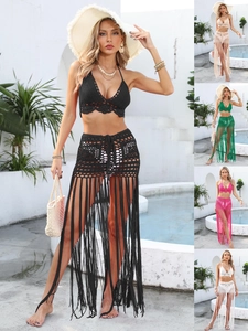Women Crochet Beach Cover Up Top And Bottom Set Halter Hollow Out Bikini Top Tassel Long Skirt Bohemian Vacation Swimsuit
