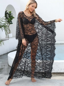 Robe de plage longue en dentelle florale noire pour femme avec manches longues et col V