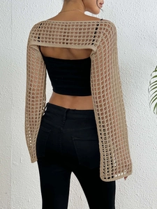 Detailed back view of beige crochet hollow-out mesh cover-up with stylish long sleeves
