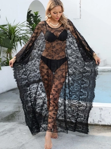 Robe de plage pour femme en dentelle noire avec design crochet floral et manches longues